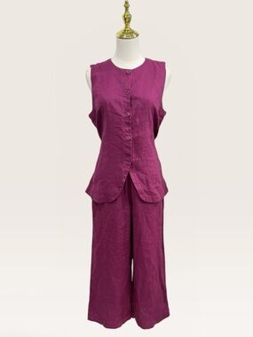 Eileen Fisher Organic Linen Crop Wide Pant & Round Neck Long Vest Set Sangria XS